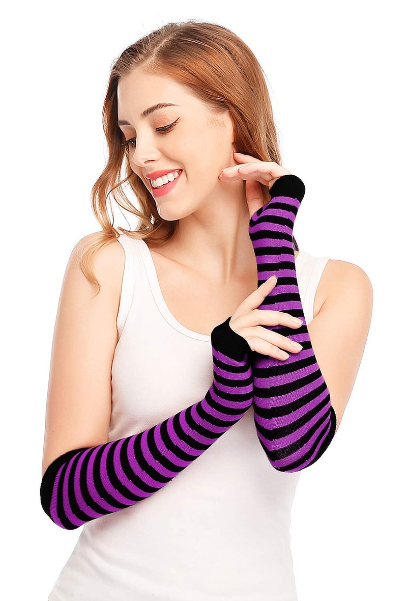 Bienvenu Punk Gothic Rock Long Arm Warmer Fingerless Gloves,Black Purple - Image 2